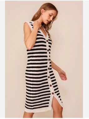 Lumiere Striped Button-Front Knit Midi Dress in Black & White